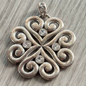 Vintage Alcazar Silver Scroll Swirl Hearts Pendant with Crystal Accents